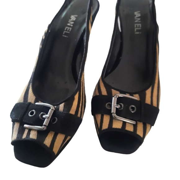 VANELI Zebra Print Calf Hair Leather Peep Toe Slingback Pumps Sz 7.5 Blk/Tan - Picture 2 of 8